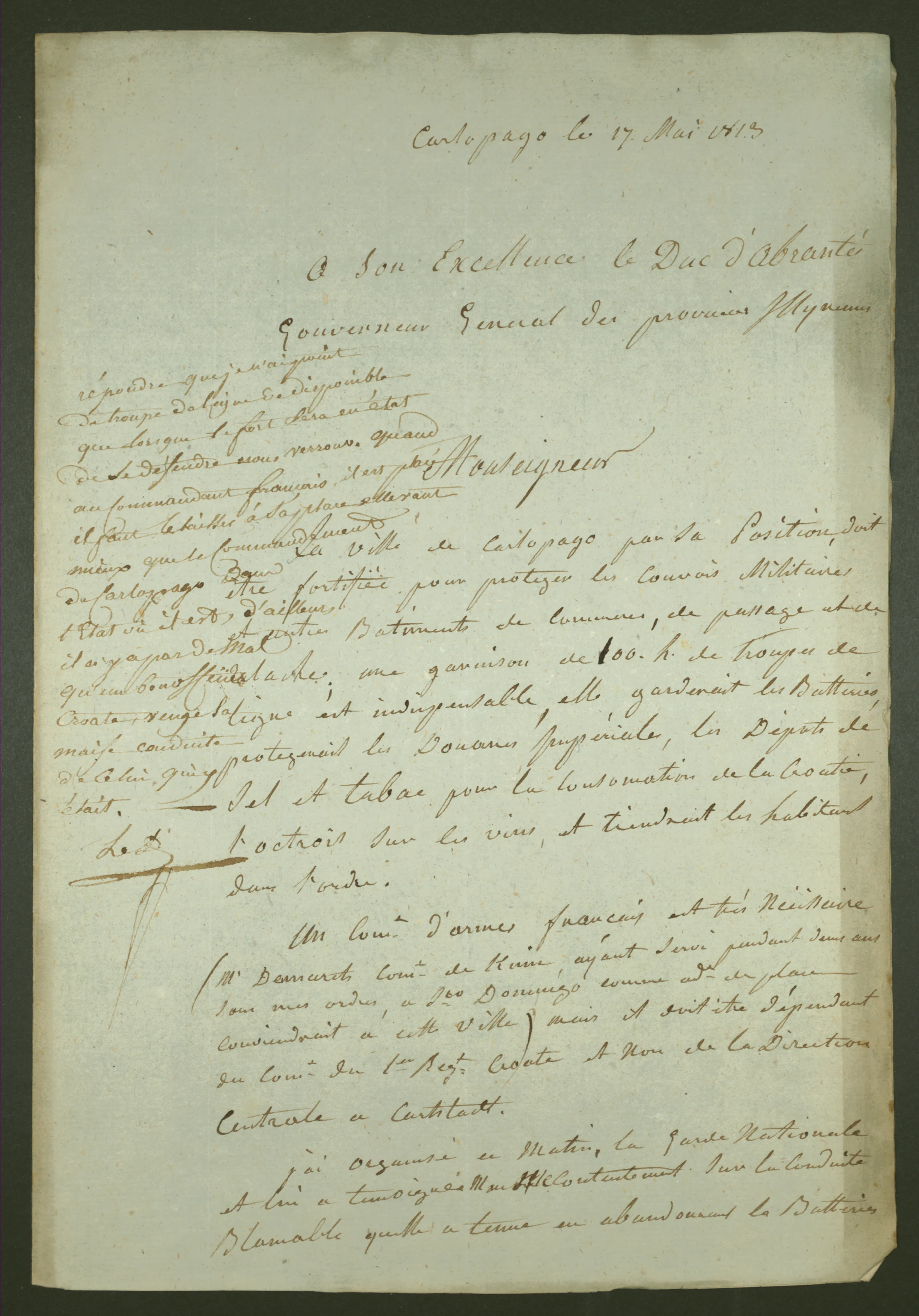 Valdoni’s letter on the protection of Karlobag after the attack