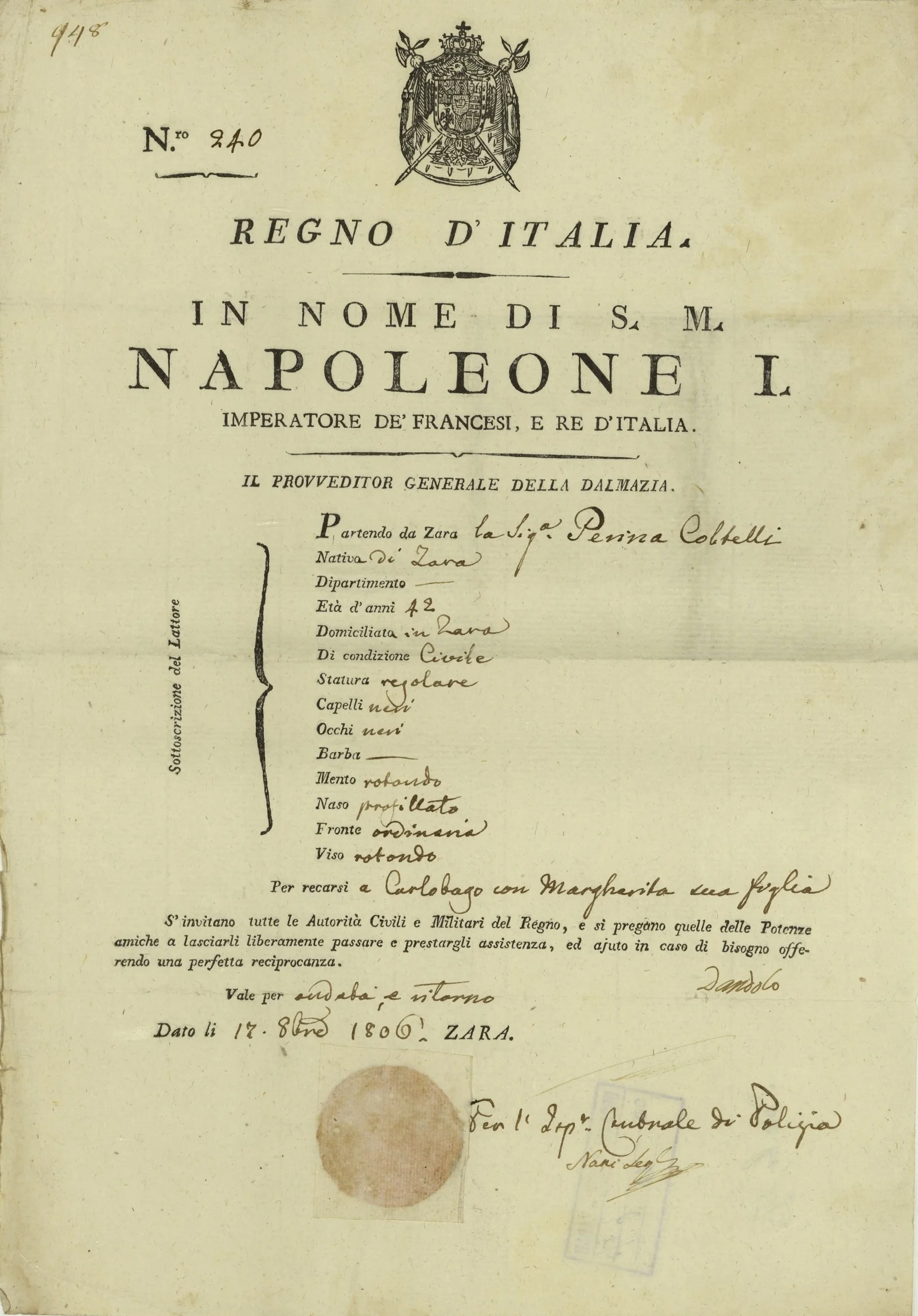 Travel document issued in Zadar in 1806 for a journey to Karlobag with the bearer’s daughter Margherita and return