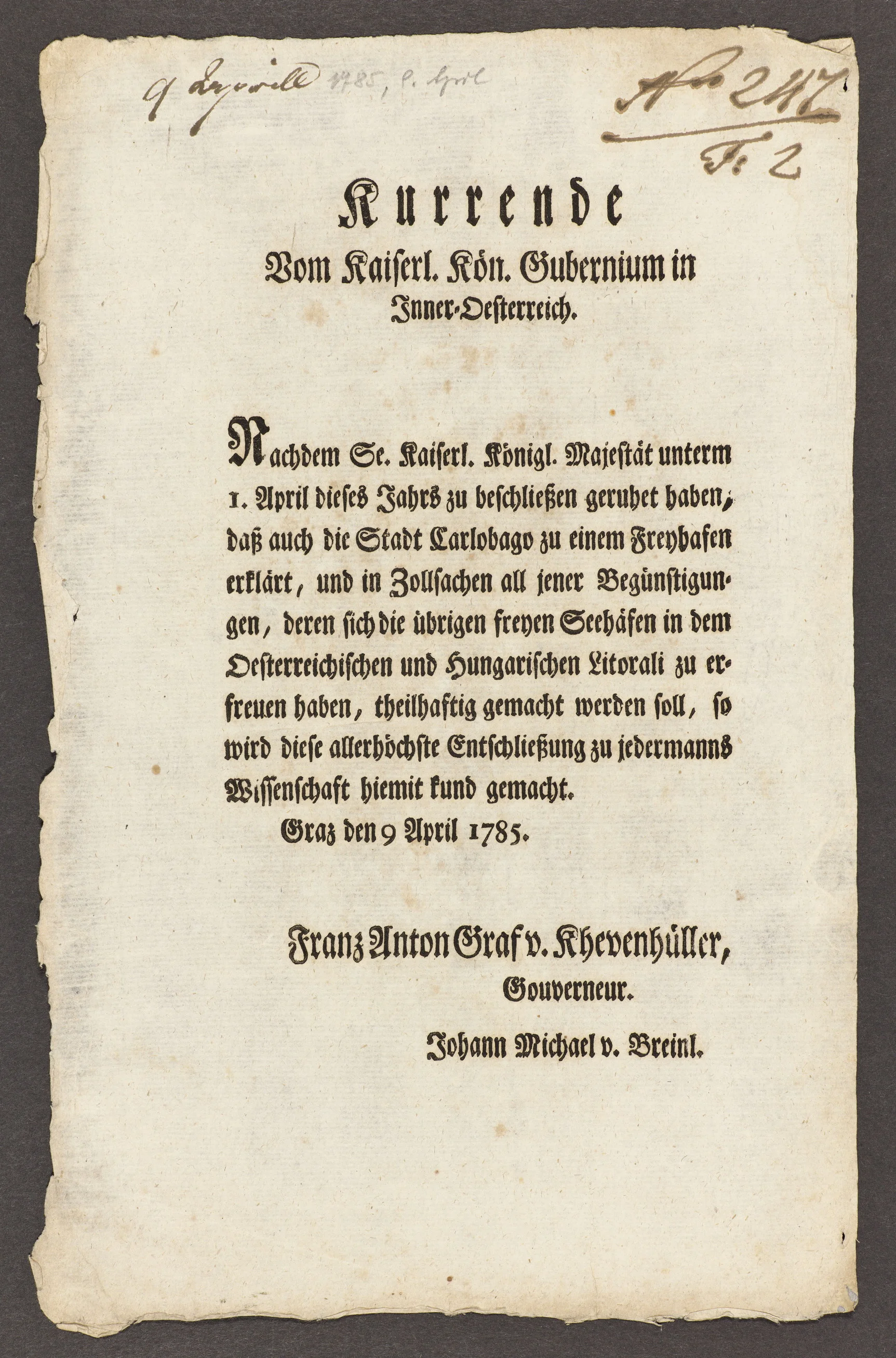 Okružnica o proglašenju Karlobaga slobodnom lukom, Graz, 9. travnja 1785.