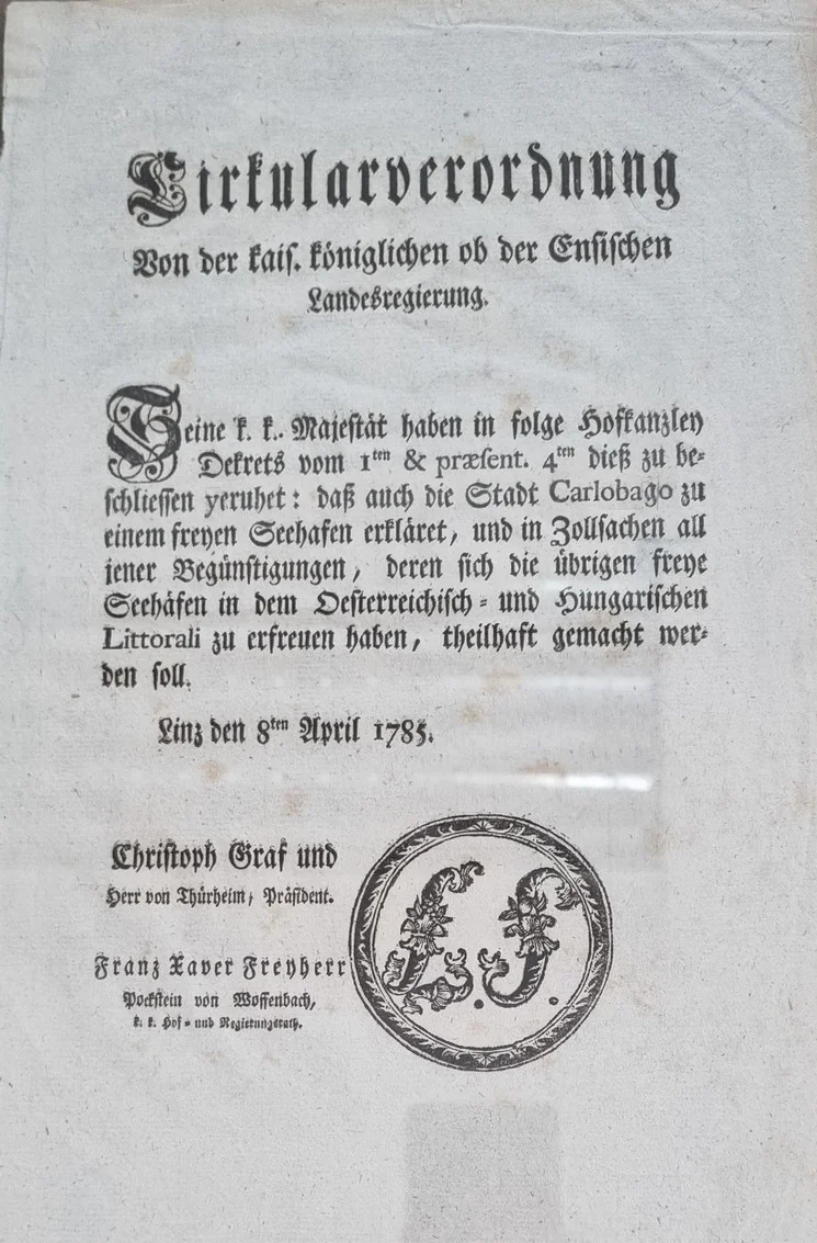 Okružnica o proglašenju Karlobaga slobodnom lukom, Linz, 8. travnja 1785.