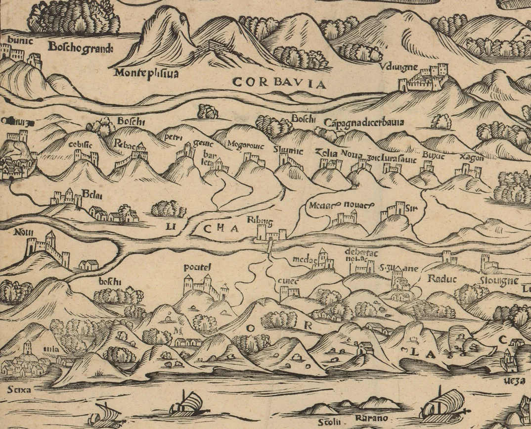 Map of the Zadar and Šibenik area, c. 1530, showing Corbavia and Scixa