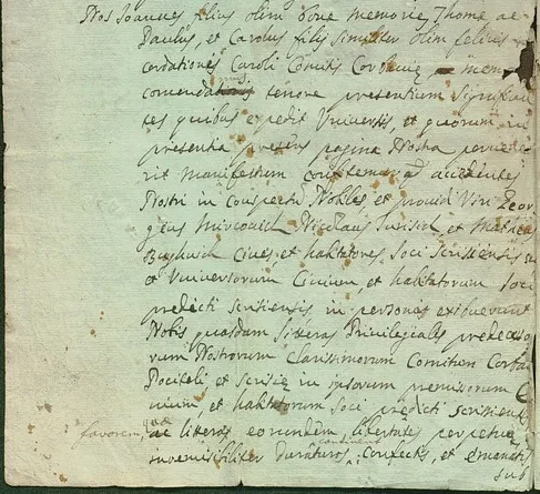 Početak povelje Ivana, Pavla i Karla Kurjakovića Bagu iz 1451., u prijepisu iz 1764.