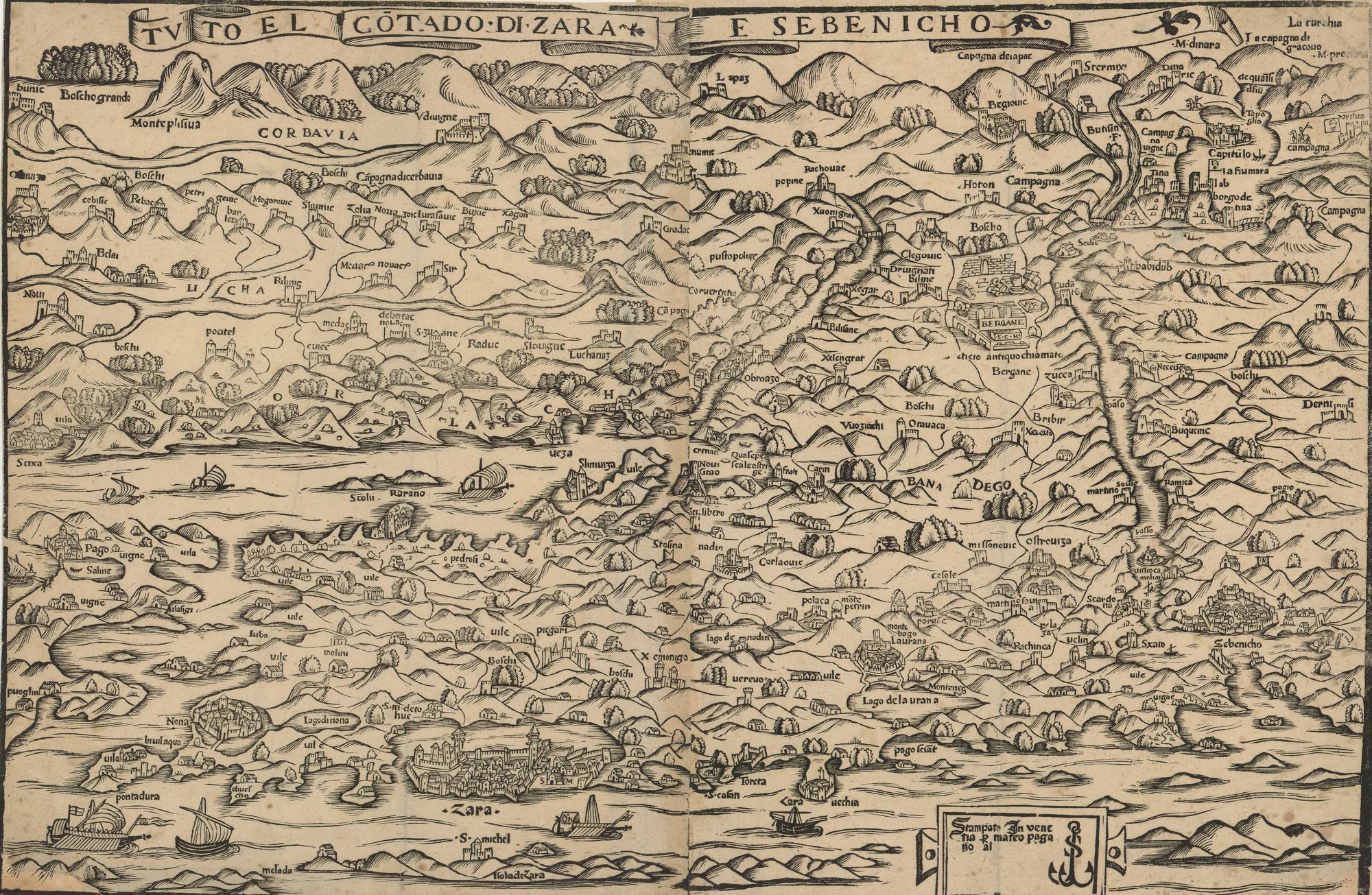 Karta zadarskog i šibenskog područja, oko 1530., s nazivima Corbavia i Scixa