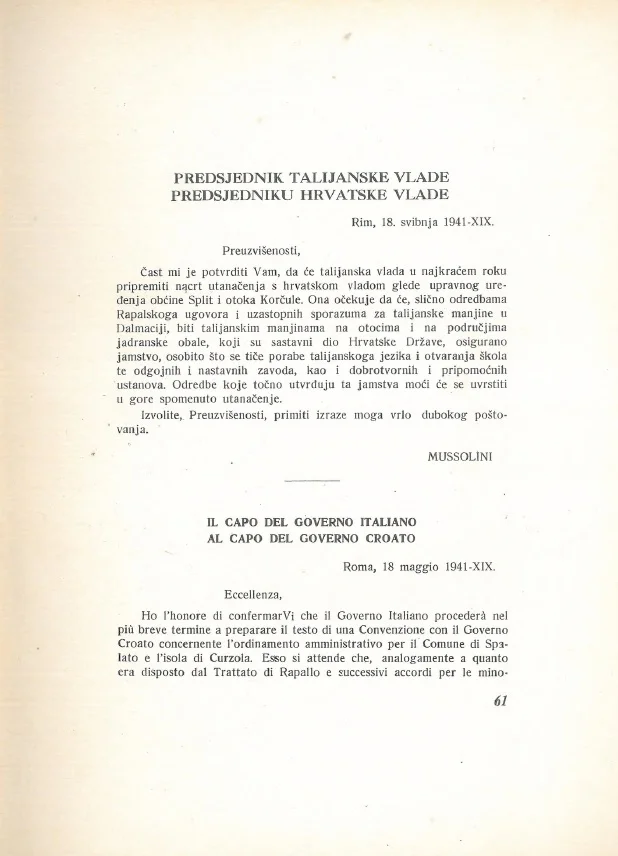 Mussolini's address to Pavelić