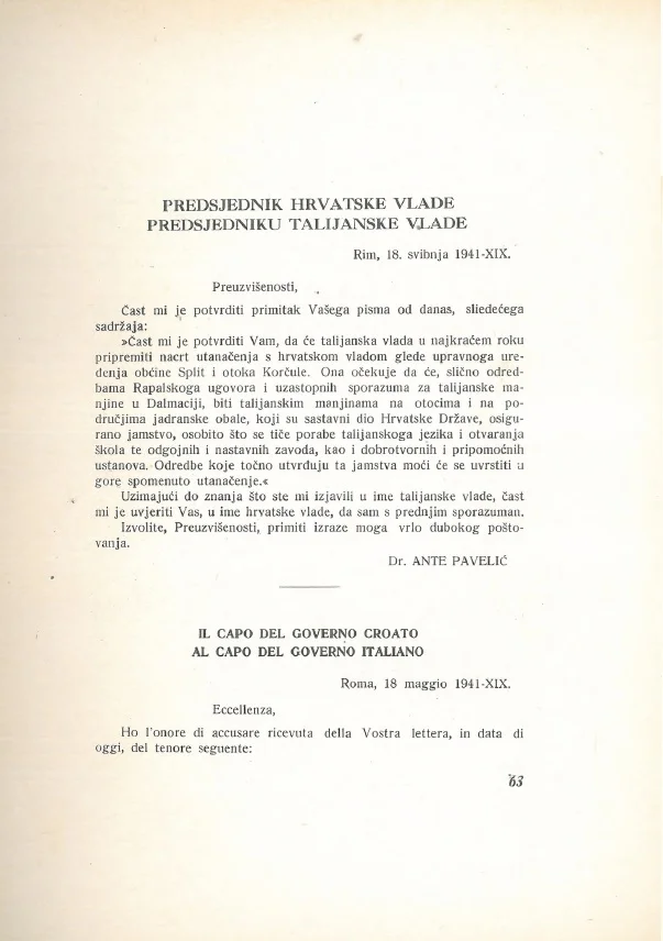 Pavelić's address to Mussolini